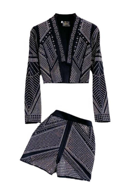 Fashionable Style Hot Diamond Suit Coat Women's Foreign Style Short Top Two Piece Set High Waist Wide Leg Shorts Fashion