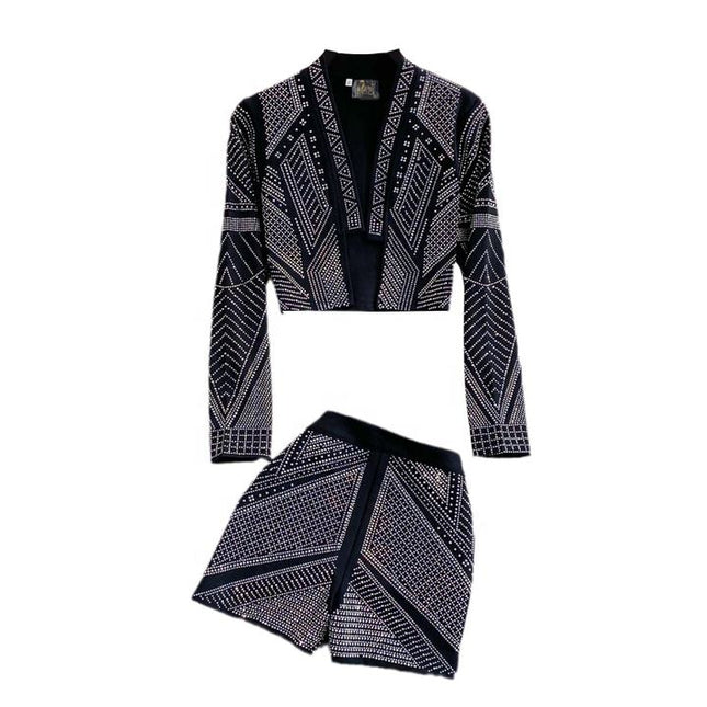 Fashionable Style Hot Diamond Suit Coat Women's Foreign Style Short Top Two Piece Set High Waist Wide Leg Shorts Fashion