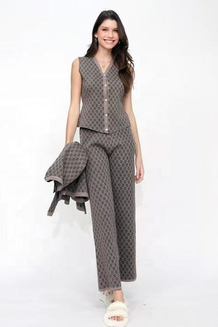 Retro Jacquard Set Women's Fragrant Style Sleeveless Knitted Shoulder Sweater Cardigan Coat Wide Leg Pants 3-Piece Set