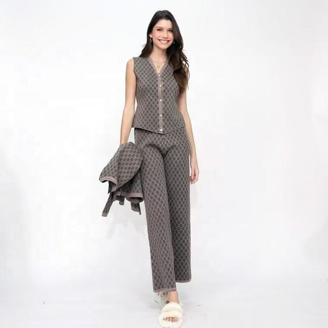 Retro Jacquard Set Women's Fragrant Style Sleeveless Knitted Shoulder Sweater Cardigan Coat Wide Leg Pants 3-Piece Set