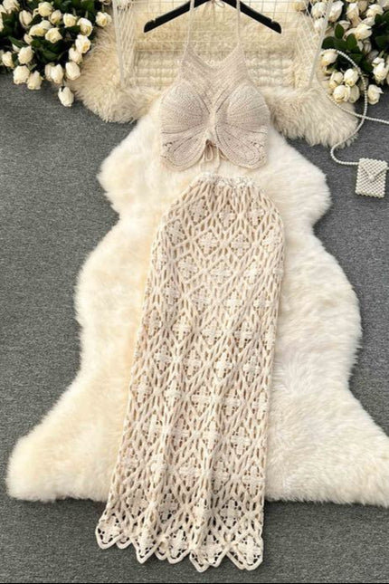 Knit Women Two Pieces Set Beachwear Long Beach Skirt