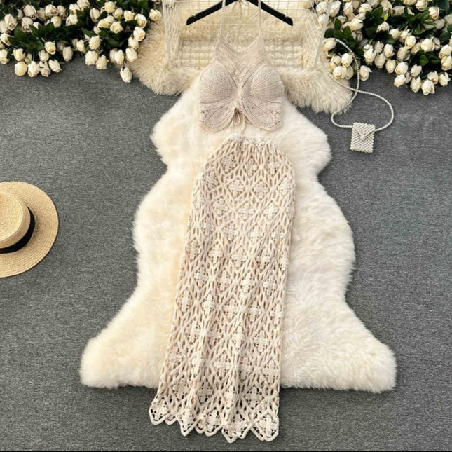 Knit Women Two Pieces Set Beachwear Long Beach Skirt