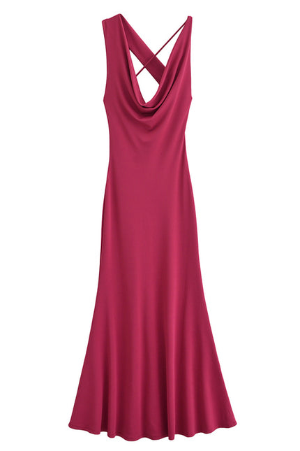 Rose Color Drop Collar Sleeveless Back Hollow Out Casual Fashion Summer Long Dress for Women