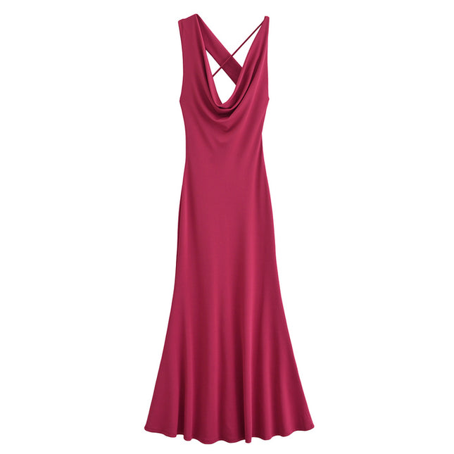 Rose Color Drop Collar Sleeveless Back Hollow Out Casual Fashion Summer Long Dress for Women