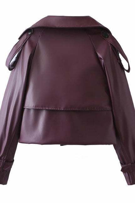 Notched Collar Burgundy Color Long Sleeve Notched Collar Casual Fashion Leather Biker Jacket for Women