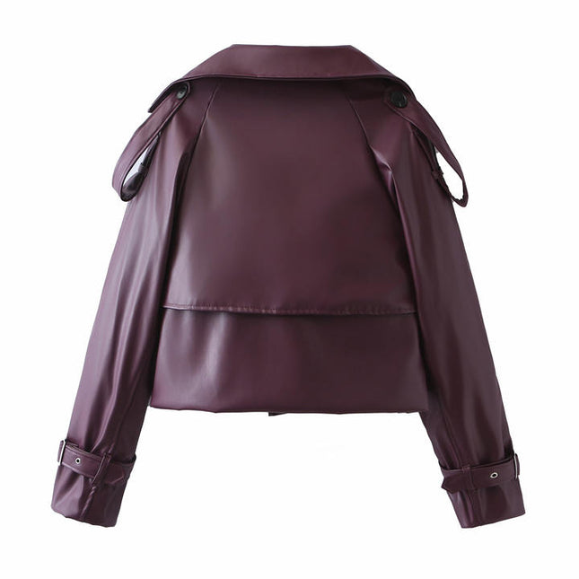 Notched Collar Burgundy Color Long Sleeve Notched Collar Casual Fashion Leather Biker Jacket for Women