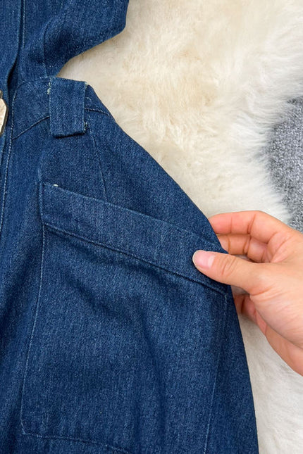Vintage Lapel Cut-Out Waistless Sleeveless A-Line Split Denim Dress
