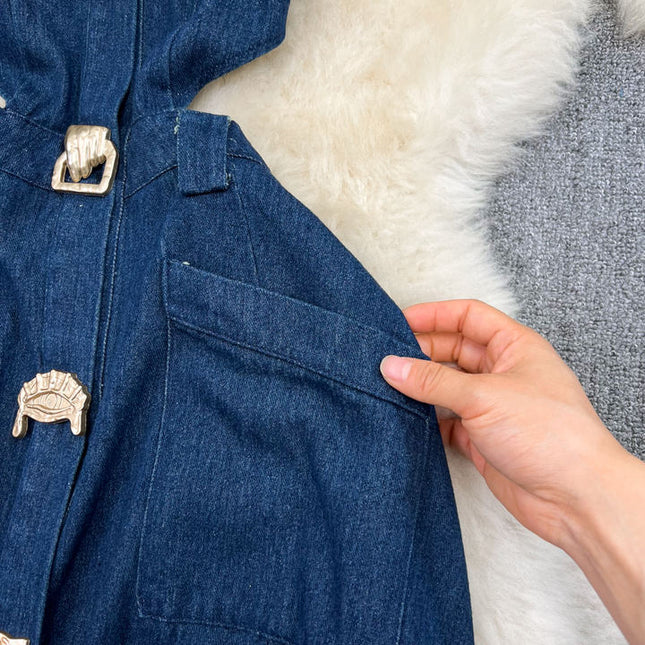 Vintage Lapel Cut-Out Waistless Sleeveless A-Line Split Denim Dress