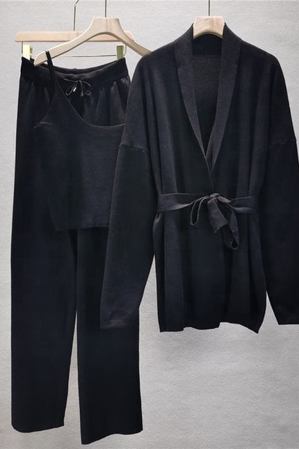 Loose Casual Fashion Suit Women'S Fall and Winter Knitted Cardigan Jacket Suspenders Wide Leg Pants Three-Piece Set