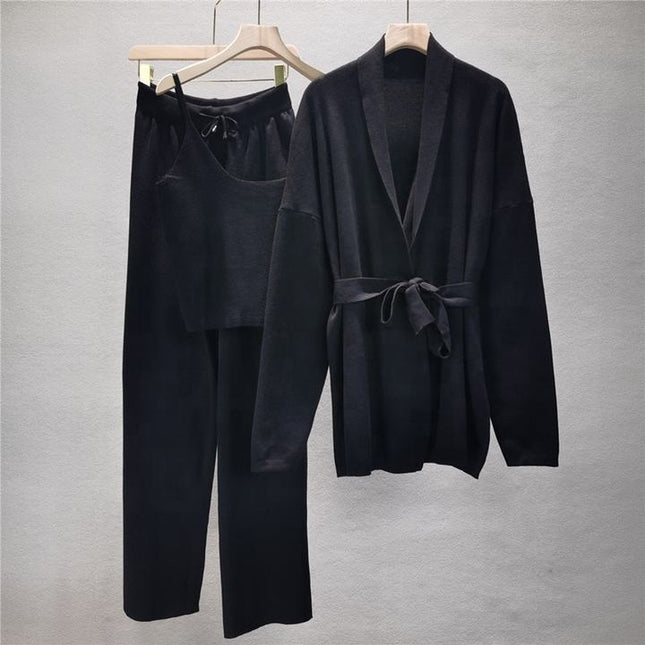 Loose Casual Fashion Suit Women'S Fall and Winter Knitted Cardigan Jacket Suspenders Wide Leg Pants Three-Piece Set