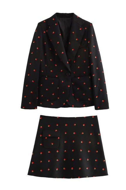 Black Color Fruit Print Black Color Long Sleeve Notched Collar Casual Fashion blazer for Women
