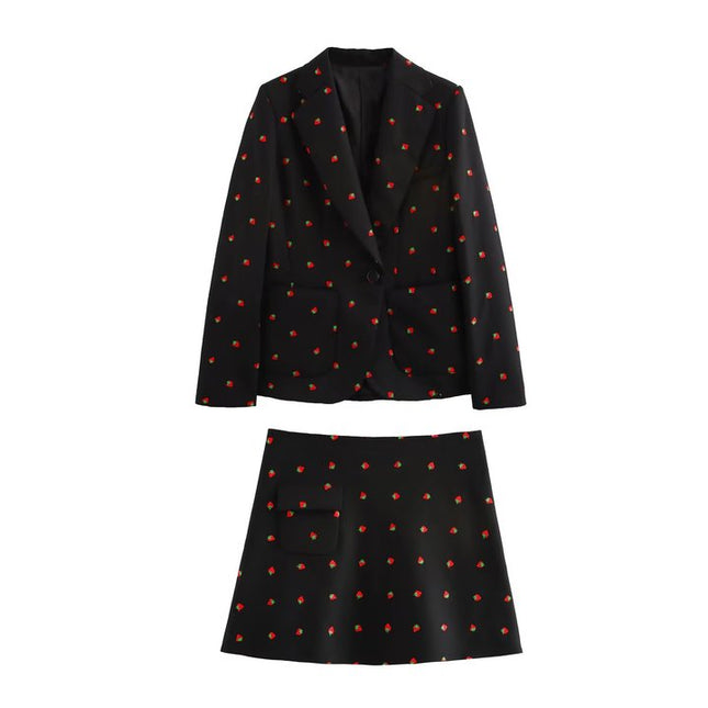 Black Color Fruit Print Black Color Long Sleeve Notched Collar Casual Fashion blazer for Women
