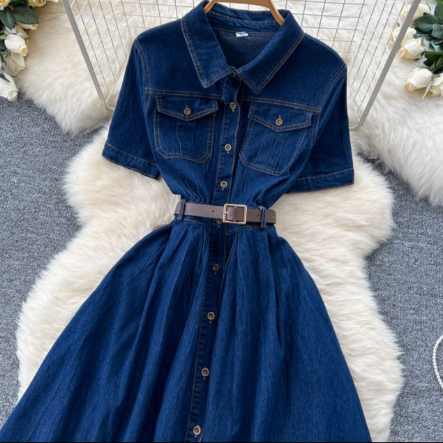 French Vintage Short Sleeve Single Breasted Denim Dresses
