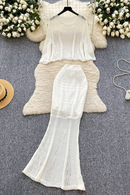 Two-piece Set Gentle Women Versatile Outfit Round-neck Short Sleeve Knitted Top Hollow-out Crocheted Hip-hugging Pencil Skirt