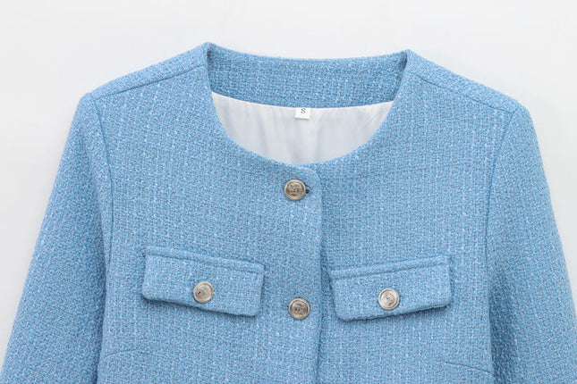 4 Colorway Crew Neck Solid Color Single Breasted Long Sleeve Casual Fashion Tweed Jacket for Women