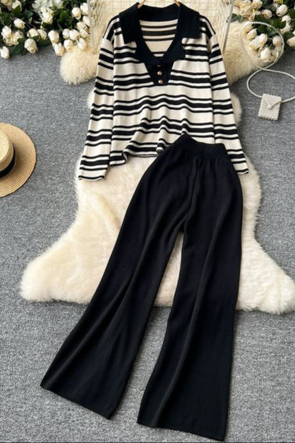 Autumn Winter New Korean Hit Color Striped Knit Sweater Top Two-Piece Trouser Set