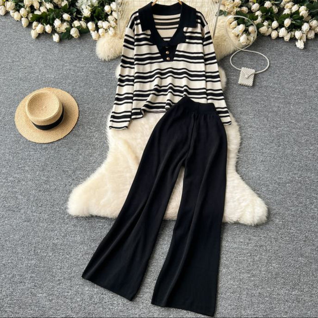 Autumn Winter New Korean Hit Color Striped Knit Sweater Top Two-Piece Trouser Set