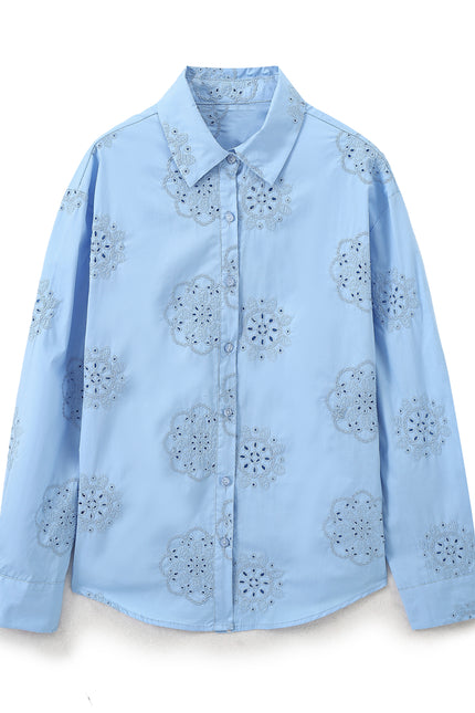 Turn Down Collar Embroidery Blue Color Casual Fashion Tops Blouse for Women