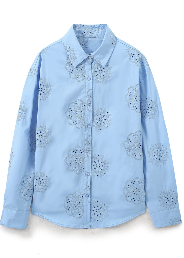 Turn Down Collar Embroidery Blue Color Casual Fashion Tops Blouse for Women