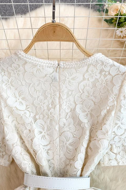 French Women Exquisite Square Neck Lace Patchwork Pleated Long Gown Elegant Casual Dress
