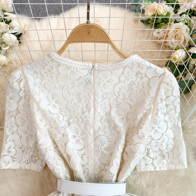French Women Exquisite Square Neck Lace Patchwork Pleated Long Gown Elegant Casual Dress