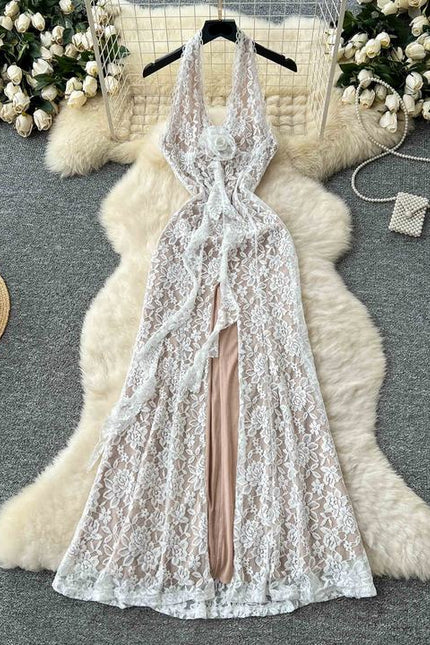 Halter Deep V High Slit Lace Women Lady Elegant Backless Sleeveless Flower Sexy Dress