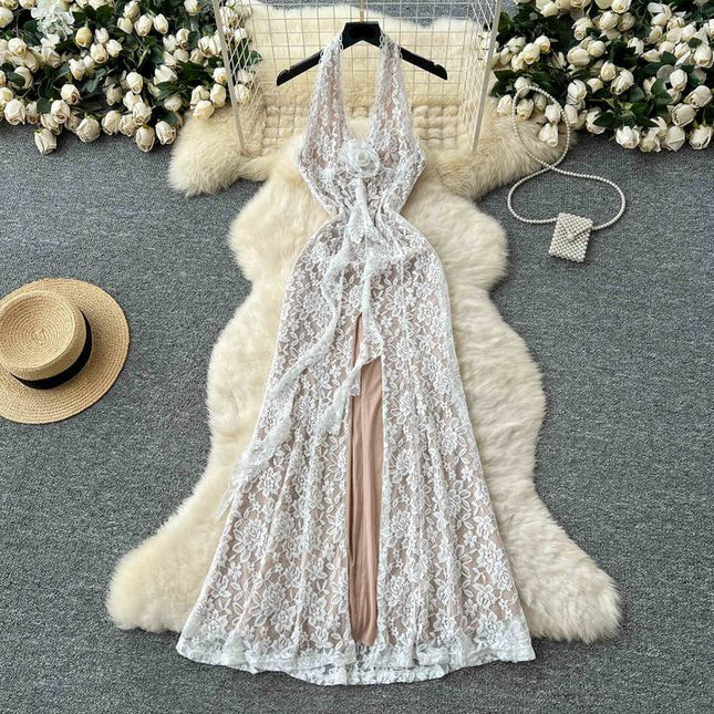Halter Deep V High Slit Lace Women Lady Elegant Backless Sleeveless Flower Sexy Dress