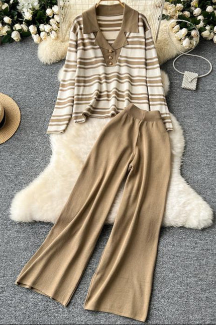 Autumn Winter New Korean Hit Color Striped Knit Sweater Top Two-Piece Trouser Set