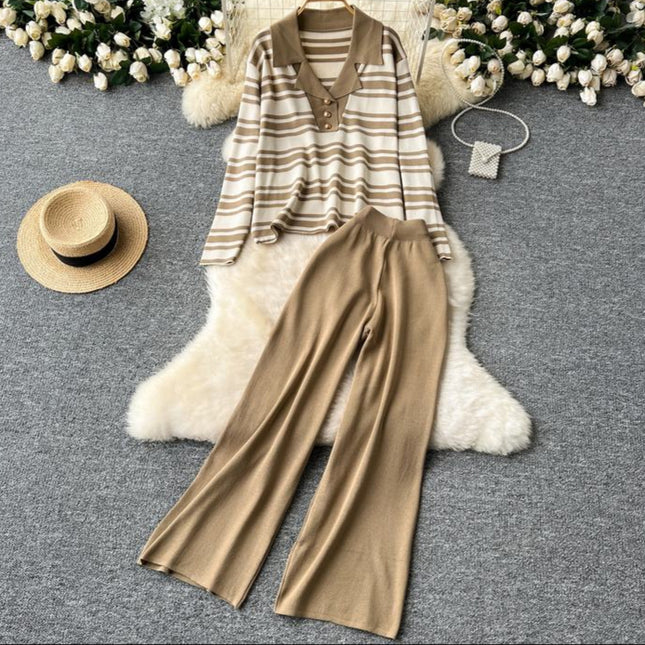 Autumn Winter New Korean Hit Color Striped Knit Sweater Top Two-Piece Trouser Set
