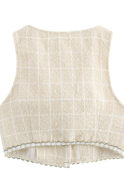 V Neck Single Breasted Vest Waistcoat Beige Color Plaid Pattern Long Pants Women Casual 2 Piece Set