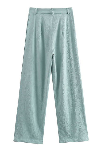 Square Collar Long Sleeve Back Zipper Fly Blouse Green Color Pants Casual Women's 2 Piece Set