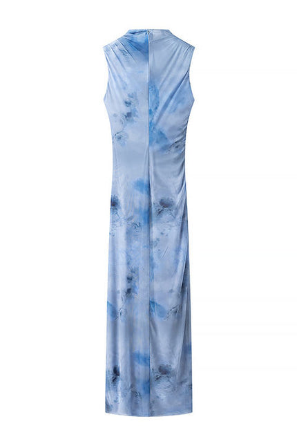 Crew Neck Pleated Sleeveless Blue Color Back Zipper Fly Casual Fashion Maxi Mesh Dress for Women
