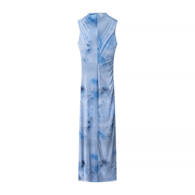 Crew Neck Pleated Sleeveless Blue Color Back Zipper Fly Casual Fashion Maxi Mesh Dress for Women