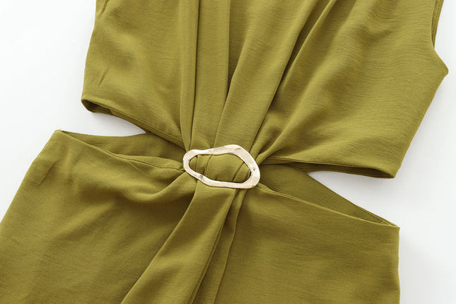 3 Colorway Crew Neck Front Buckle Waist Hollow Out Solid Color Casual Fashion Maxi Dress for Women