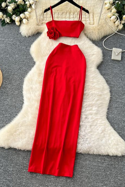 2025 Summer Women Suit Red Short Camisole Vest Open Skirt Two Piece