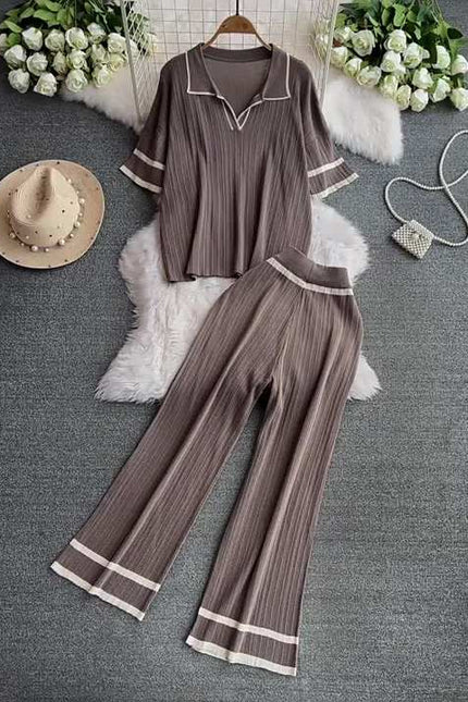 2024 New Fashion Set Style Contrast Color Short Sleeved Knitted Shirt+High Waist Slim Wide Leg Pants Set of Two