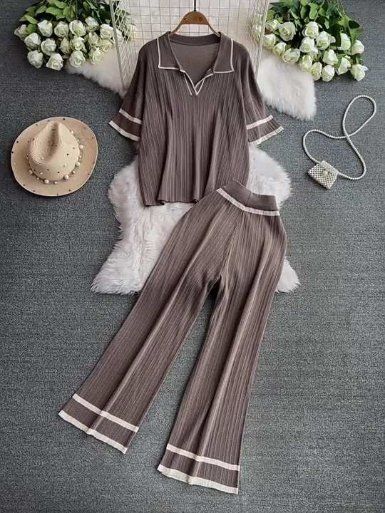 2024 New Fashion Set Style Contrast Color Short Sleeved Knitted Shirt+High Waist Slim Wide Leg Pants Set of Two