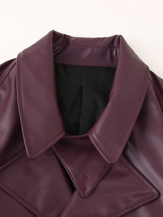 Turn Down Collar Purple Color Long Sleeve Front Buckle Casual Fashion Leather Motorcycle Jacket for Women