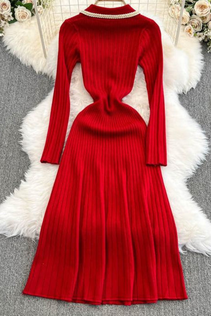 Mulheres Outono Inverno Com Comprimento Médio Vintage Doll Collar Cintura Slimming Knit Dress