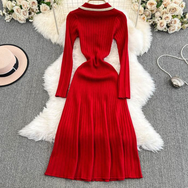 Mulheres Outono Inverno Com Comprimento Médio Vintage Doll Collar Cintura Slimming Knit Dress