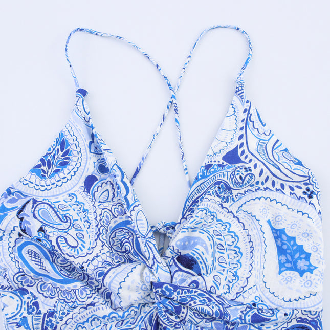 Floral Print Blue Color Floral Print Back Slit Hollow Out Pleated Casual Fashion Summer Long Dress for Women