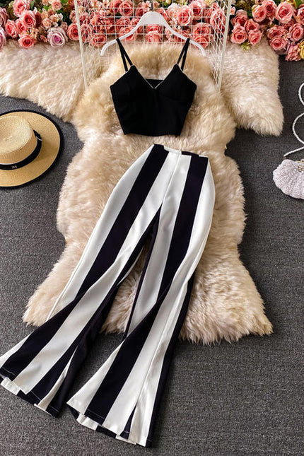 Women Summer Design Set Sexy Sleeveless Short Strap Tops High Waist Long Flare Pants Two Piece Suits