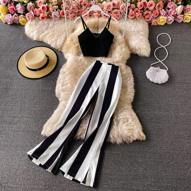 Women Summer Design Set Sexy Sleeveless Short Strap Tops High Waist Long Flare Pants Two Piece Suits