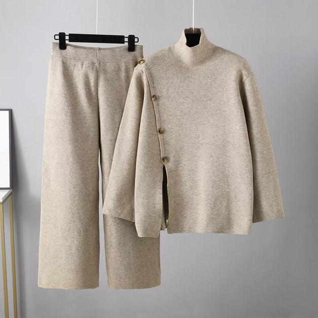 Design Sense Niche Stand Neck Split Knit Turtleneck Women's Winter Thermal Age Reduction Casual Wide Leg Pants Two Pieces