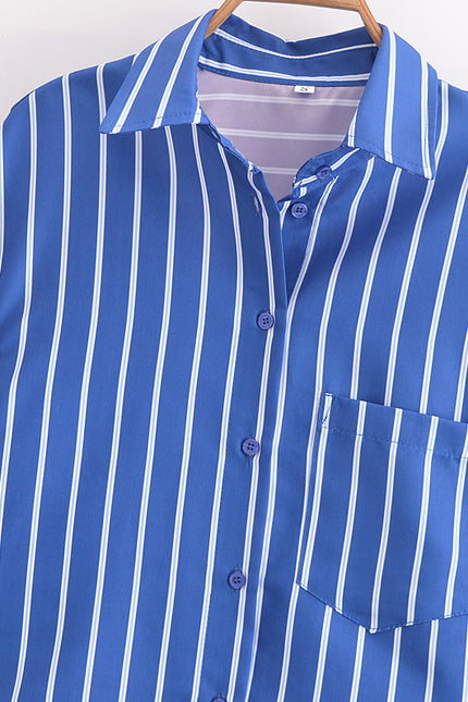 3 Colorway Turn Down Collar Long Sleeve Buttons up Blue Color Casual Fashion Tops Blouse for Women