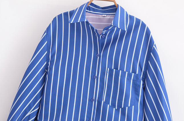 3 Colorway Turn Down Collar Long Sleeve Buttons up Blue Color Casual Fashion Tops Blouse for Women