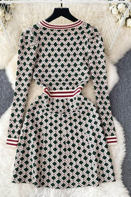 New Autumn and Winter Fashion Long Sleeve Plaid Knitted Casual Dress