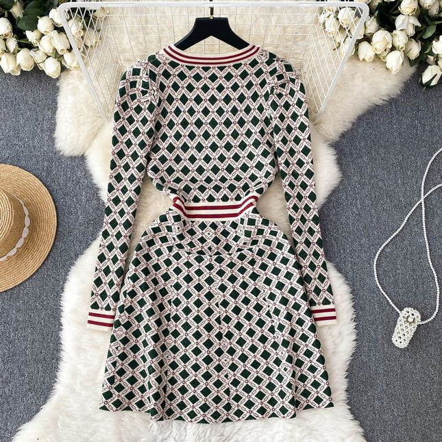 New Autumn and Winter Fashion Long Sleeve Plaid Knitted Casual Dress