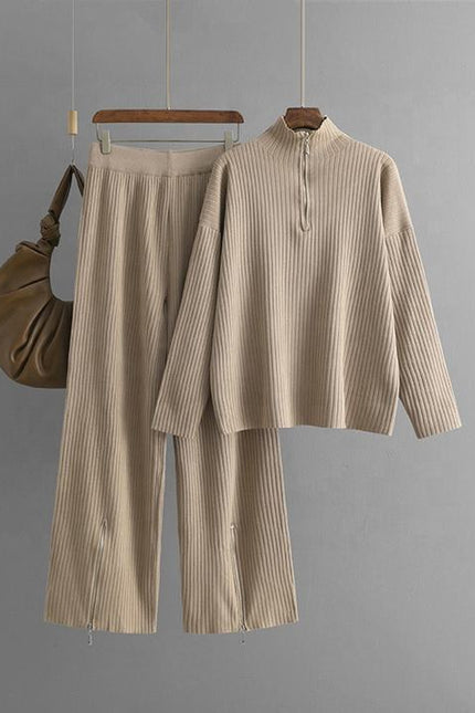 Stand Collar Long Sleeve Fashion Set Women's Autumn Winter Plain Loose Knit Sweater Two-piece Set