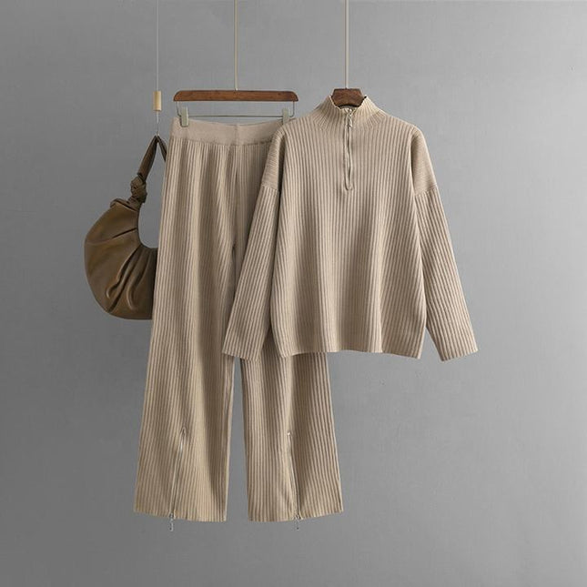 Stand Collar Long Sleeve Fashion Set Women's Autumn Winter Plain Loose Knit Sweater Two-piece Set